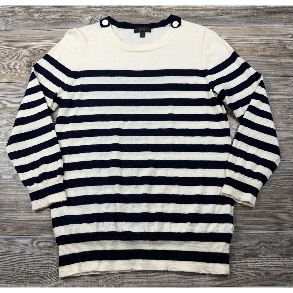 J.Crew Ivory Navy Breton Stripe 100% Merino Wool Sweater M Nautical Coastal